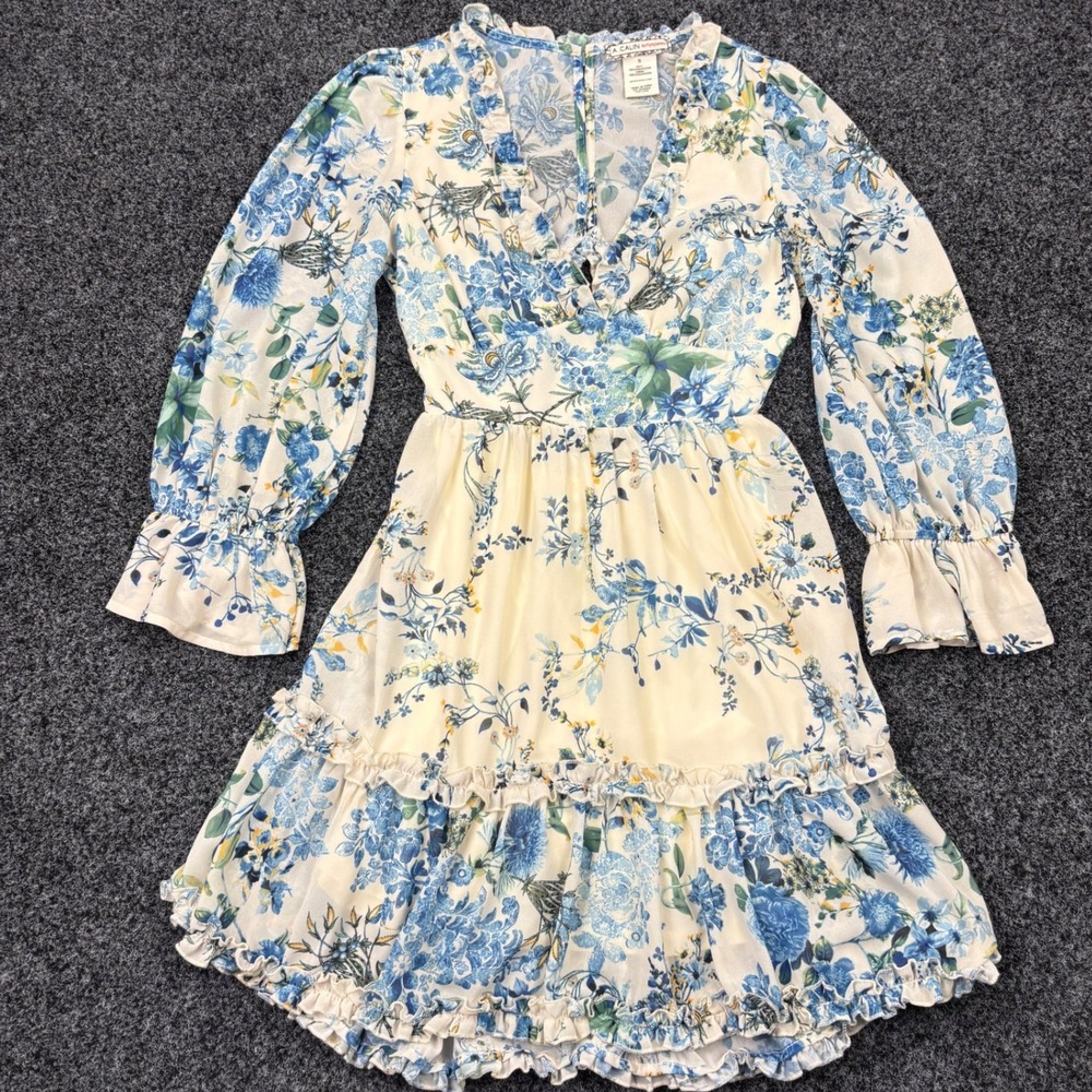 A.Calin Flying Tomato Floral Ruffle Mini Dress Womens Size Small Blue Open Back